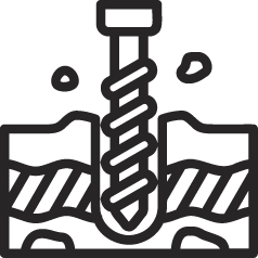 Black and white icon of a drill bit cutting through a material, depicted with curved lines for texture and small debris flying around the drill.