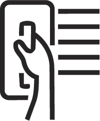 A black and white icon of a hand picking up a phone receiver from a wall-mounted device, with horizontal lines on the right suggesting sound or communication.