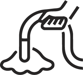 Line drawing of a fuel nozzle dispensing liquid onto a surface, forming a small puddle.