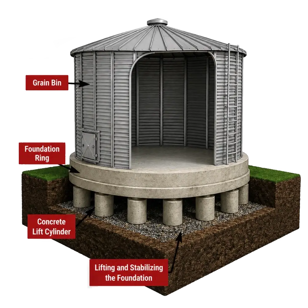 Diagram of a grain bin on a raised concrete foundation, with labels pointing to the grain bin, foundation ring, concrete lift cylinder, and stabilized foundation supported by vertical pillars.