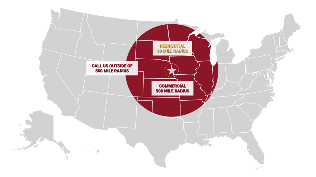 A map of the US with a star in Iowa. A red circle shows a 500-mile commercial radius, while a yellow area in Minnesota shows a 60-mile residential radius. Text says to call for service outside the 500-mile radius.